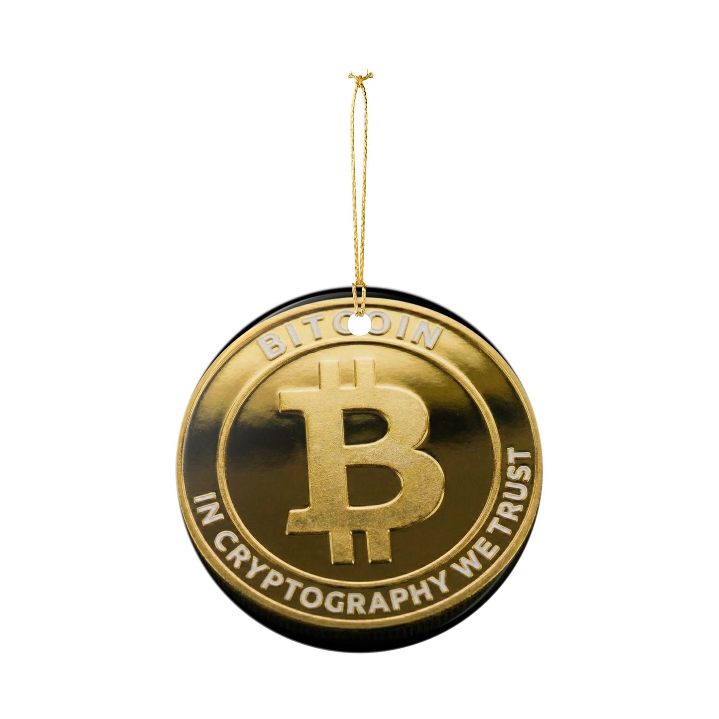 Bitcoin Ceramic Ornament — "In Cryptography We Trust" Holiday Decoration - The Enchanted Bonsai Bazaar