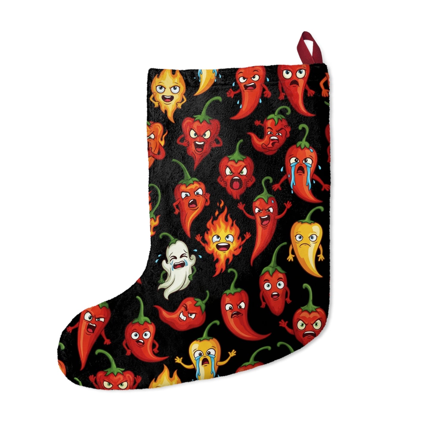 IC Spicy Pepper Faces Christmas Stocking – Hot Pepper Holiday Stocking - The Enchanted Bonsai Bazaar