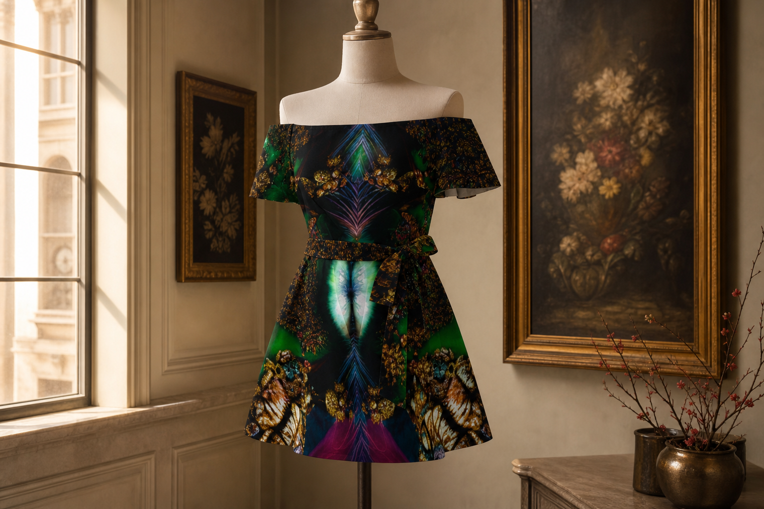 Fractalized Kitty Women's All-Over Print Off-Shoulder Dress — lifestyle