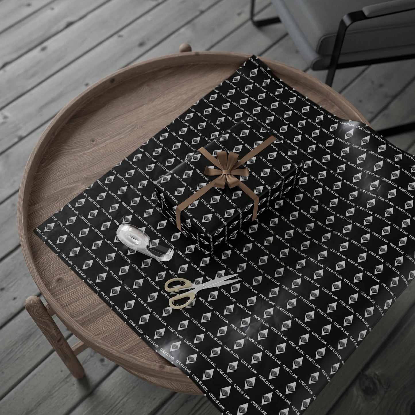 Wrapping Paper — Black Diamond Pattern with "Code is Law" Text