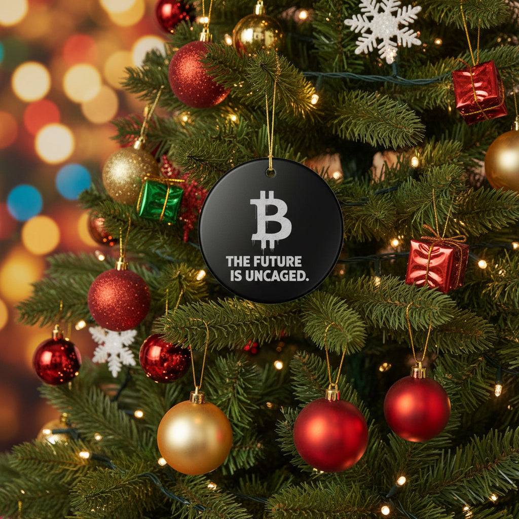 Bitcoin Ornament – "The Future Is Uncaged" Ceramic Holiday Decoration