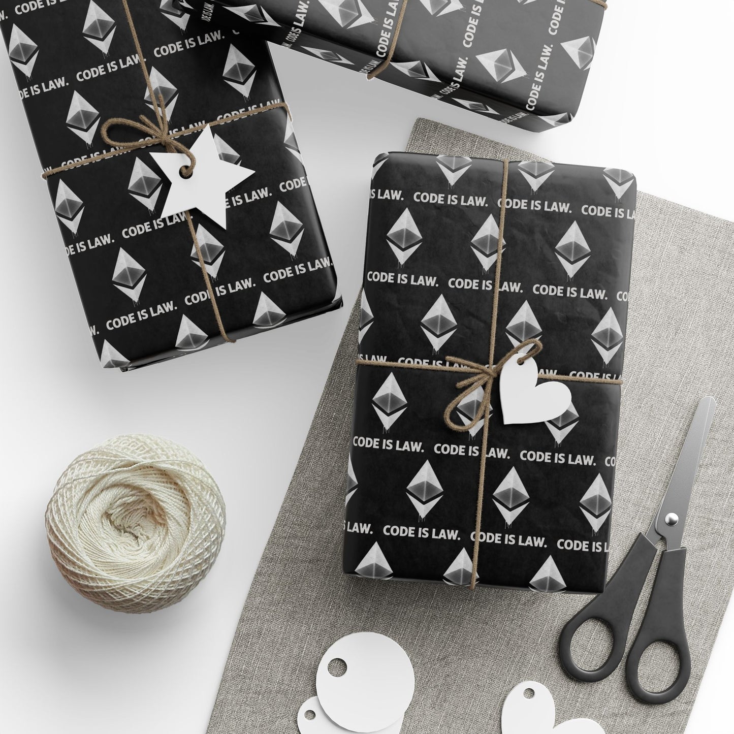 Wrapping Paper — Black Diamond Pattern with "Code is Law" Text