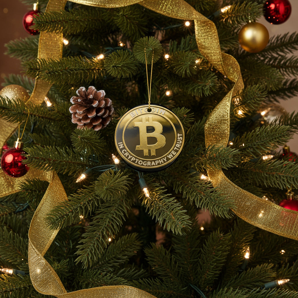 Bitcoin Ceramic Ornament — "In Cryptography We Trust" Holiday Decoration