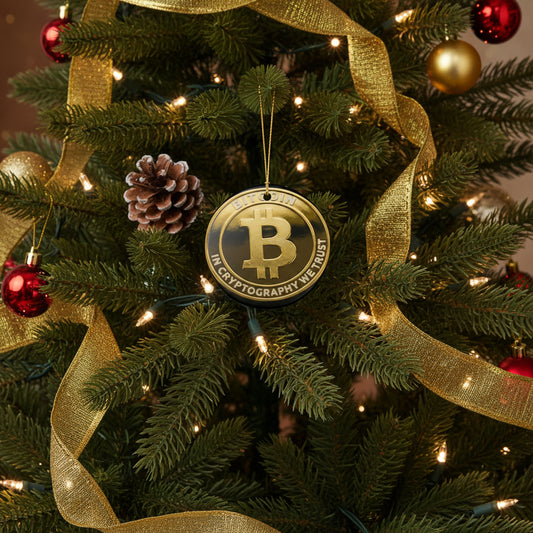 Bitcoin Ceramic Ornament — "In Cryptography We Trust" Holiday Decoration