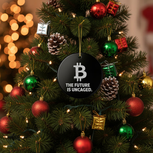Bitcoin Ornament – "The Future Is Uncaged" Ceramic Holiday Decoration