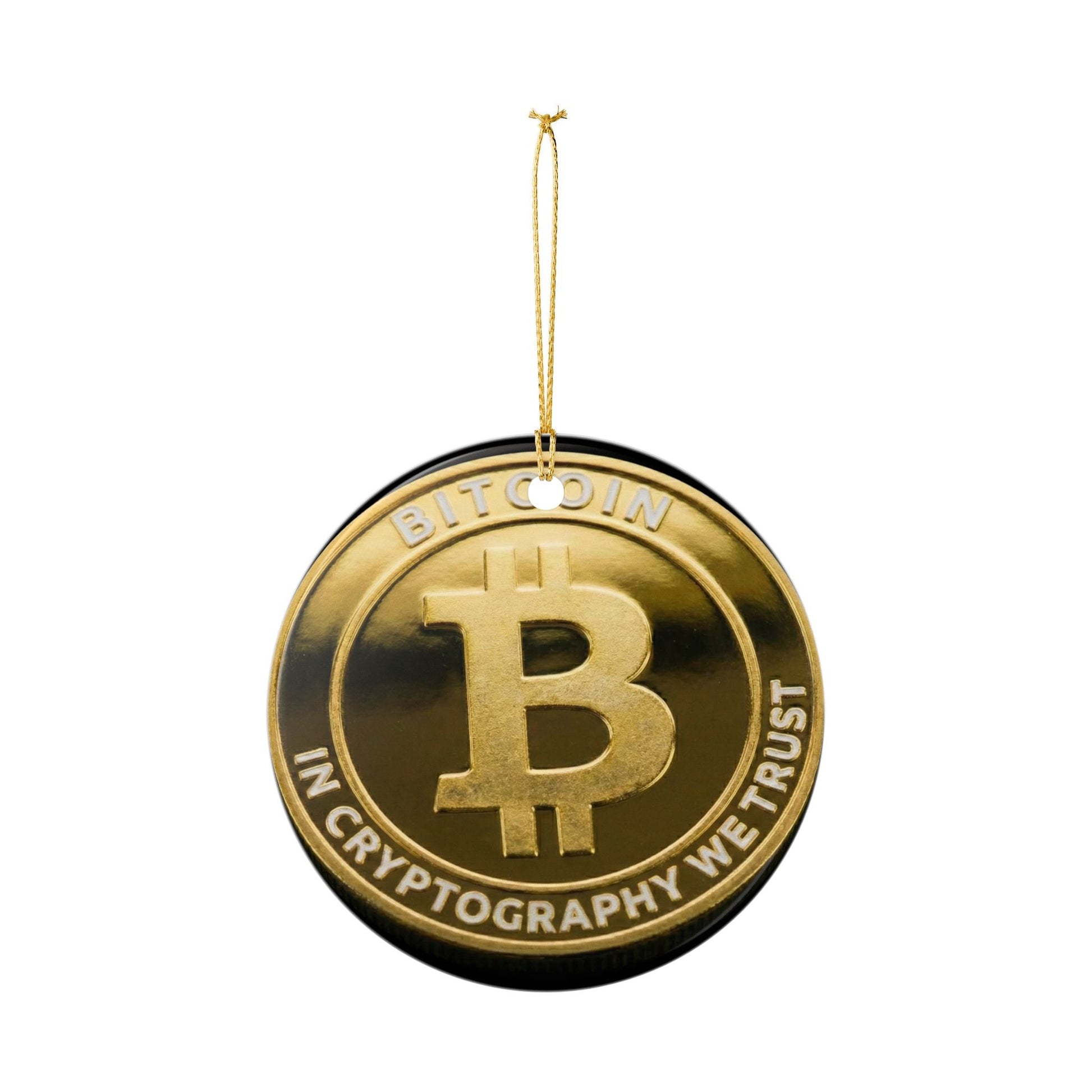 Bitcoin Ceramic Ornament — "In Cryptography We Trust" Holiday Decoration - The Enchanted Bonsai Bazaar