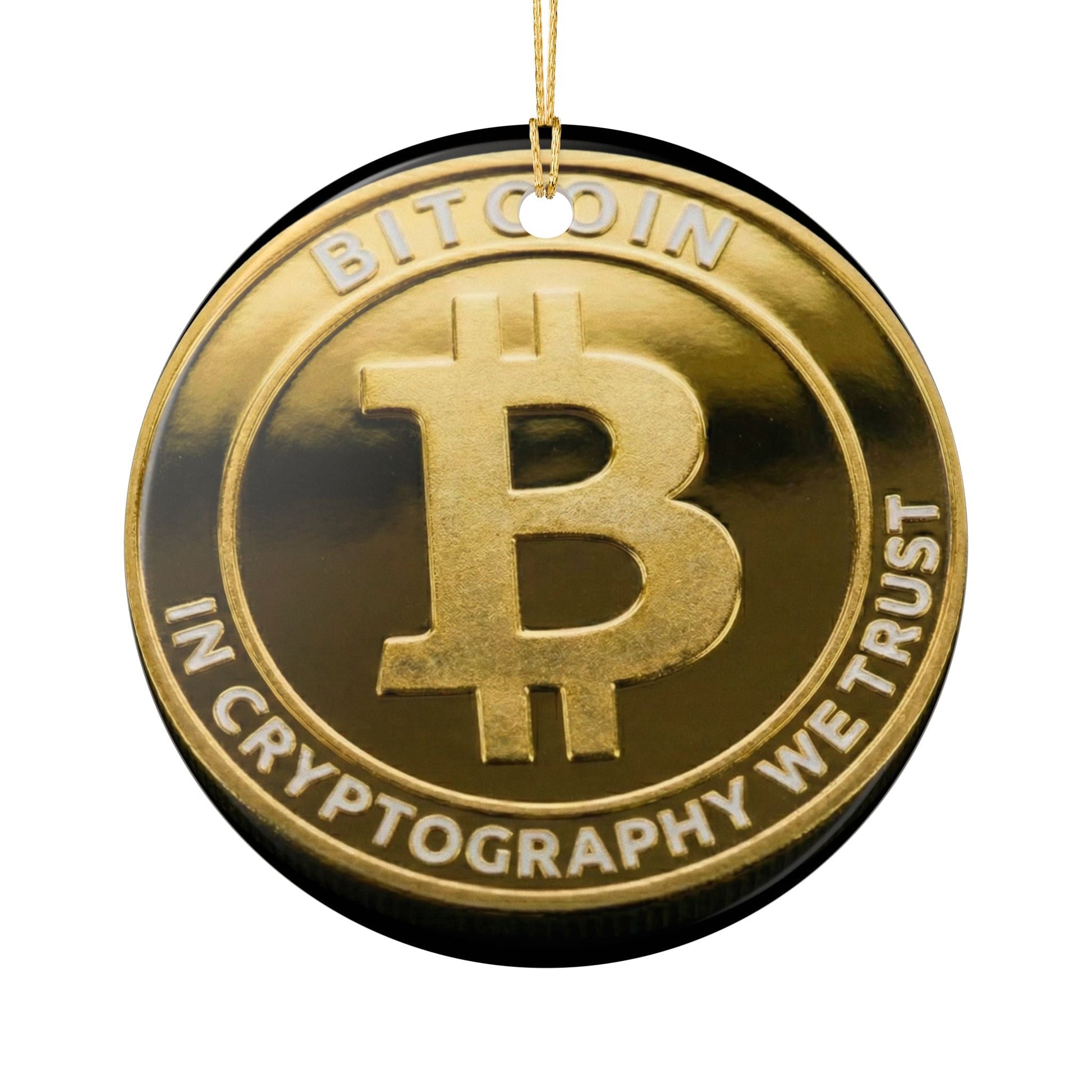 Bitcoin Ceramic Ornament — "In Cryptography We Trust" Holiday Decoration - The Enchanted Bonsai Bazaar