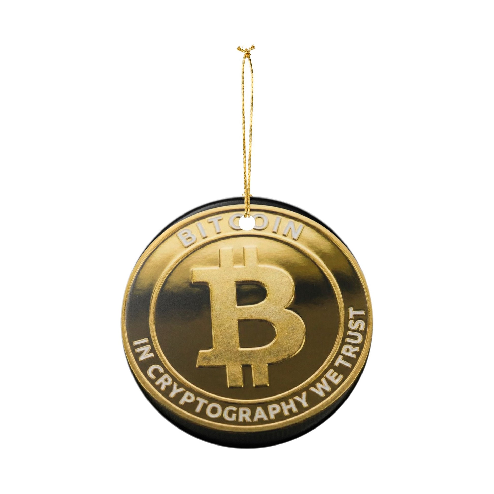 Bitcoin Ceramic Ornament — "In Cryptography We Trust" Holiday Decoration - The Enchanted Bonsai Bazaar