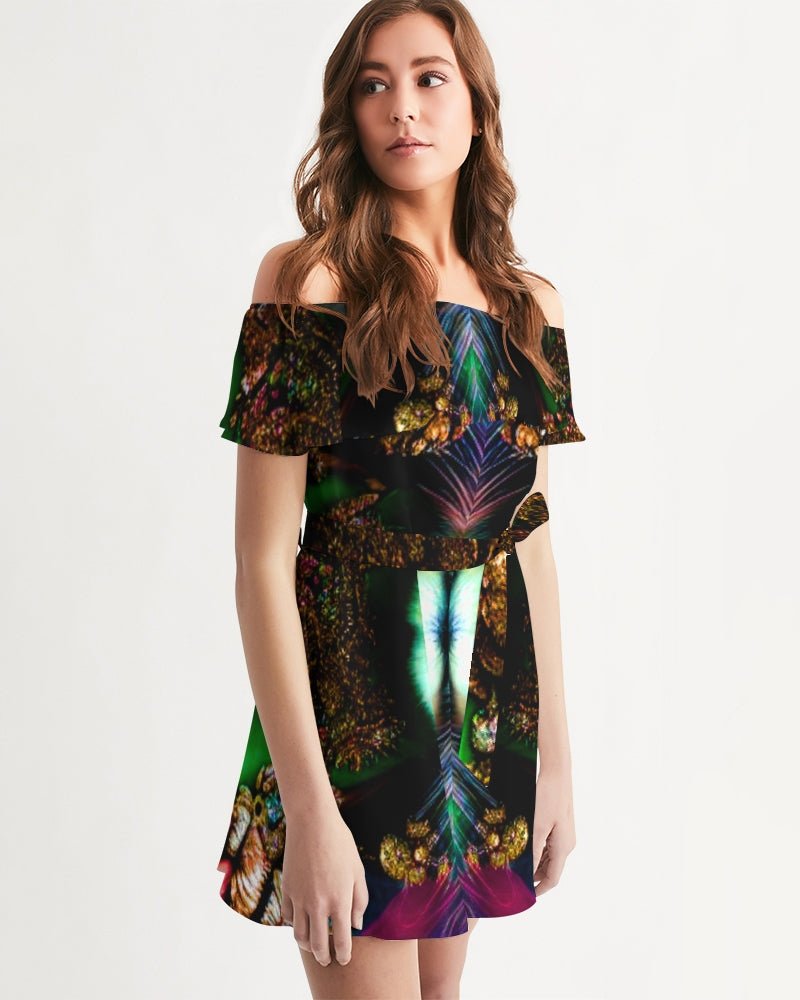 Fractalized Kitty Women's All - Over Print Off - Shoulder Dress - The Enchanted Bonsai Bazaar