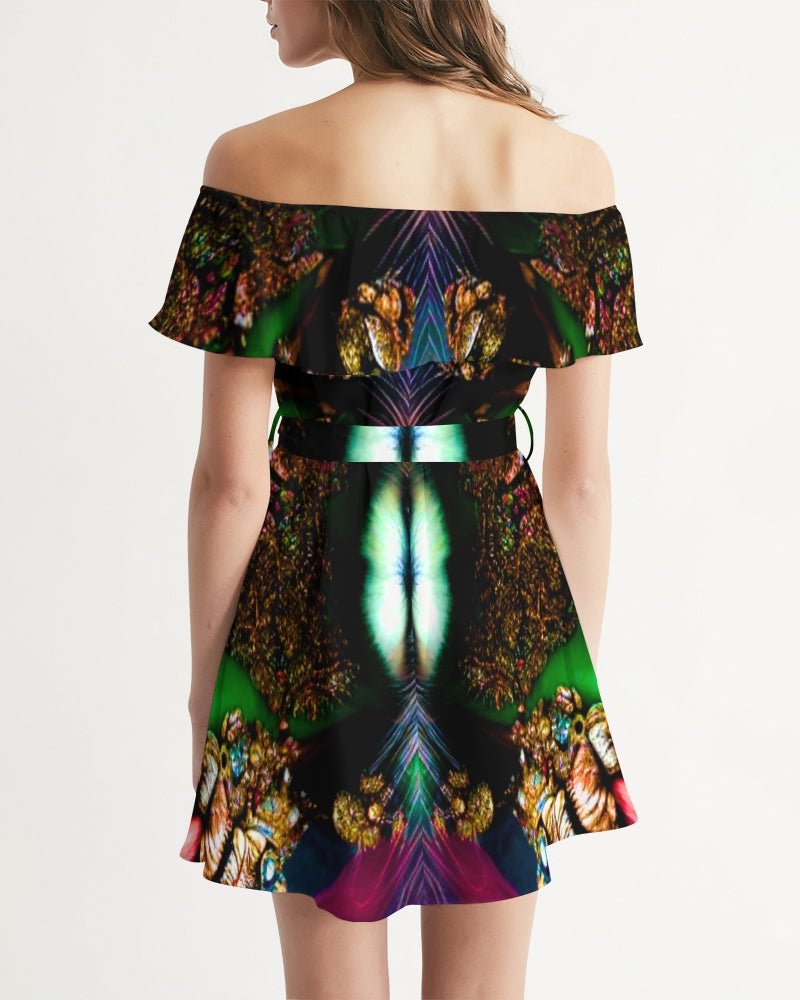 Fractalized Kitty Women's All - Over Print Off - Shoulder Dress - The Enchanted Bonsai Bazaar