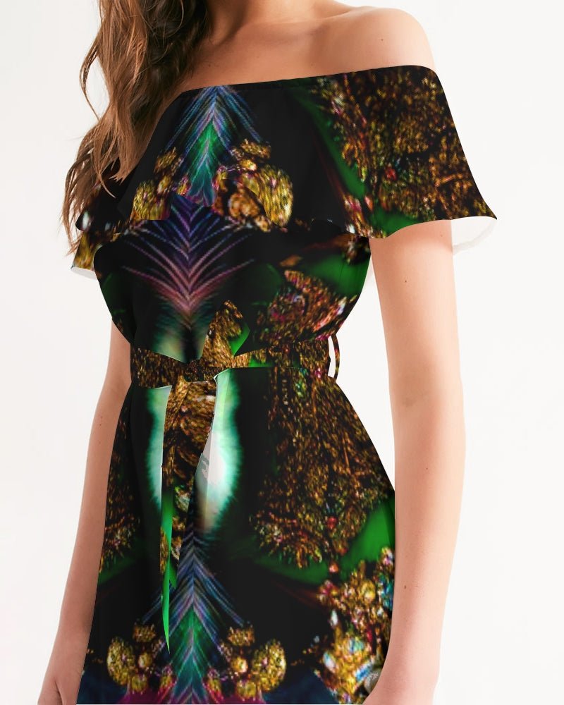 Fractalized Kitty Women's All - Over Print Off - Shoulder Dress - The Enchanted Bonsai Bazaar