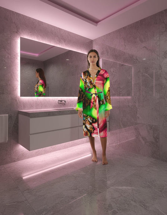 Fractalized Kitty Women’s Satin Robe - The Enchanted Bonsai Bazaar