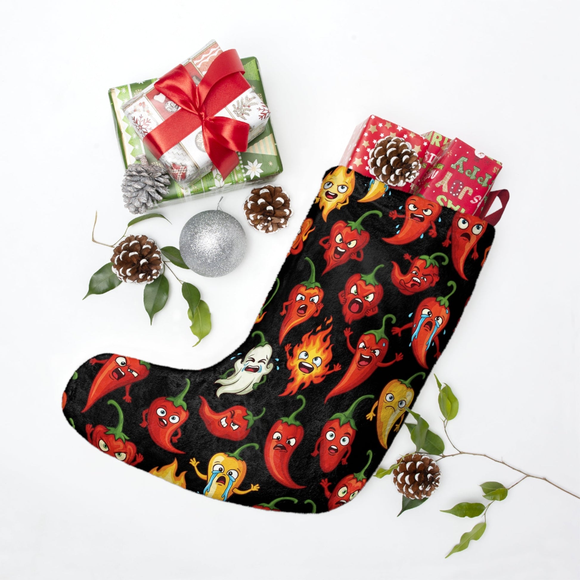 IC Spicy Pepper Faces Christmas Stocking – Hot Pepper Holiday Stocking - The Enchanted Bonsai Bazaar