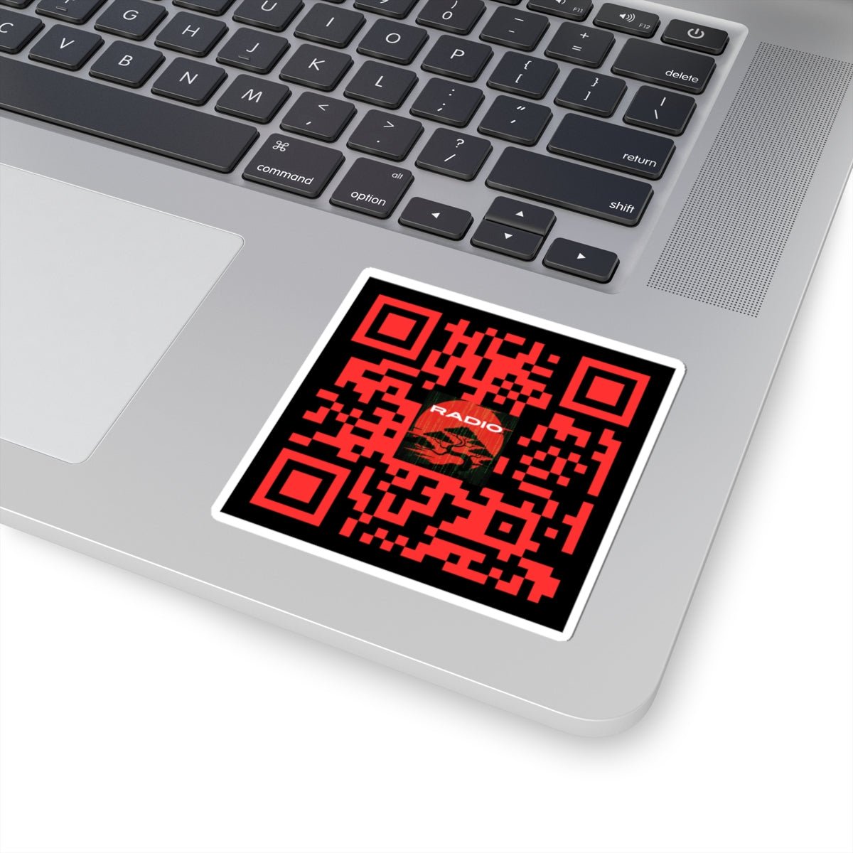 QR Code Sticker — Red 'BONSAI RADIO' Kiss - Cut Decal for Laptops & Gear - The Enchanted Bonsai Bazaar