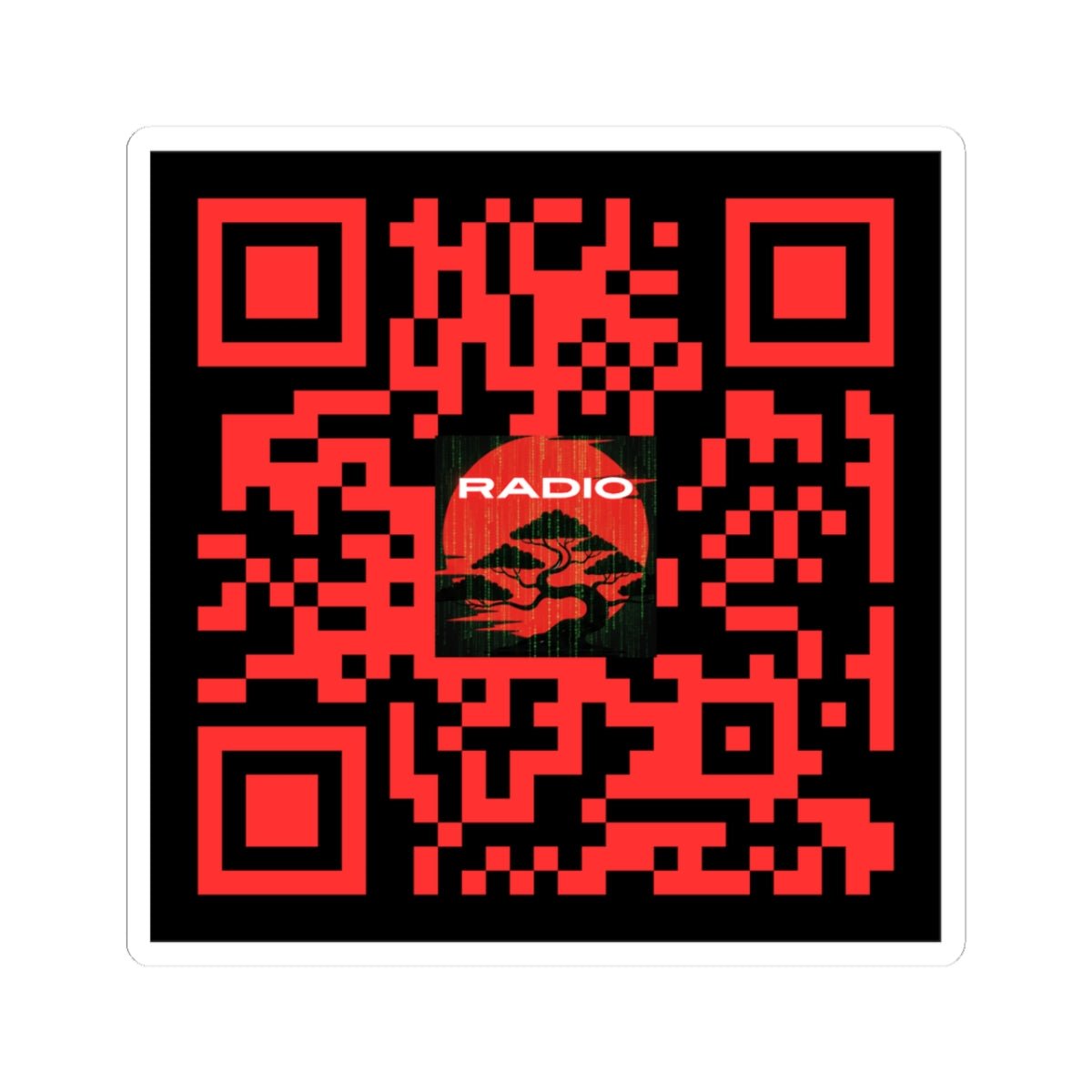 QR Code Sticker — Red 'BONSAI RADIO' Kiss - Cut Decal for Laptops & Gear - The Enchanted Bonsai Bazaar