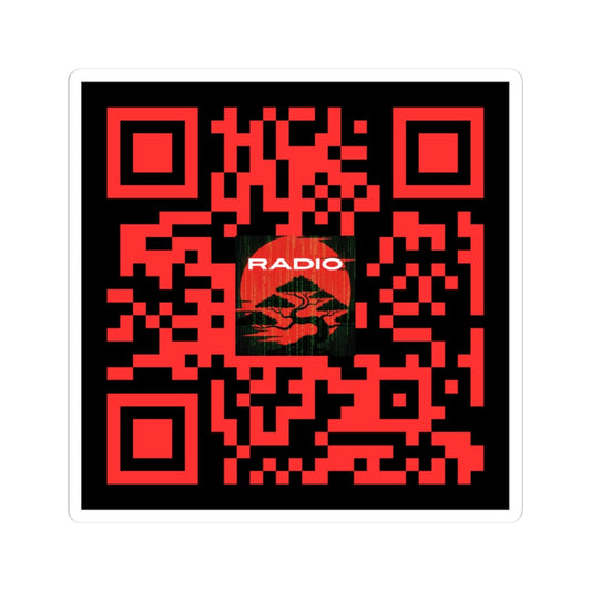 QR Code Sticker — Red 'BONSAI RADIO' Kiss - Cut Decal for Laptops & Gear - The Enchanted Bonsai Bazaar