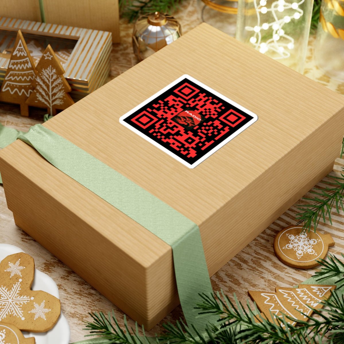 QR Code Sticker — Red 'BONSAI RADIO' Kiss - Cut Decal for Laptops & Gear - The Enchanted Bonsai Bazaar